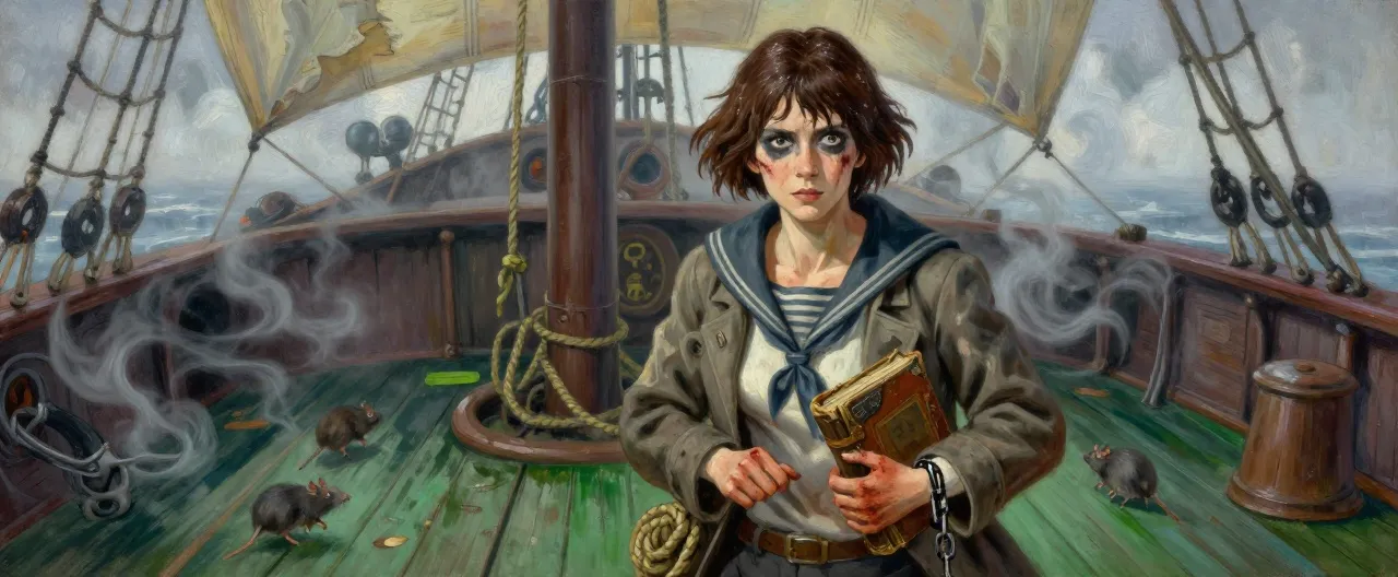 A gaunt, hollow-cheeked woman in her thirties with rope-burned hands and salt-stiff brown hair cropped short, dressed in a tattered sailor's coat over a salt-bleached shirt, a coil of knotted chart-line at her hip and a water-stained logbook clutched against her chest. Her eyes are wide and shadowed, darting to every dark corner of the rotting deck behind her, and the iron shackle still hangs loose from one wrist. She stands on the plague-ship's green-lit deck, rats skittering in the shadows behind her, fog curling around the Weeping Sister's torn sails.