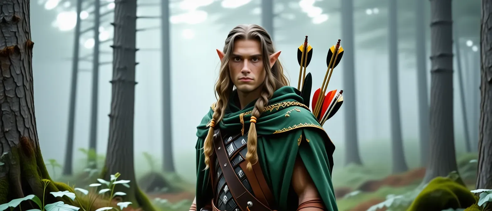 A rugged half-elf ranger with a green cloak and a quiver of arrows, standing in a dense forest.
