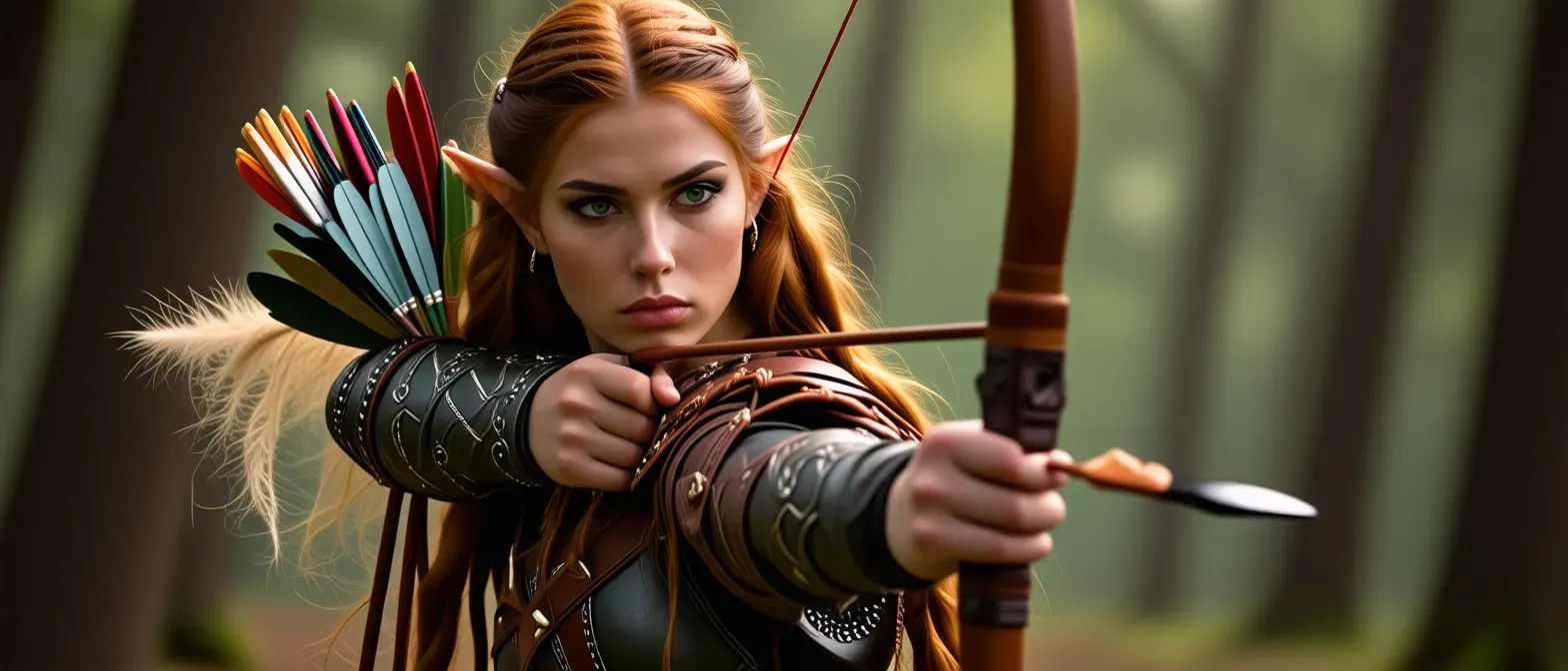 A half-elf ranger with long auburn hair, dressed in leather armor, wielding a bow and quiver, with forest green eyes and a determined expression.