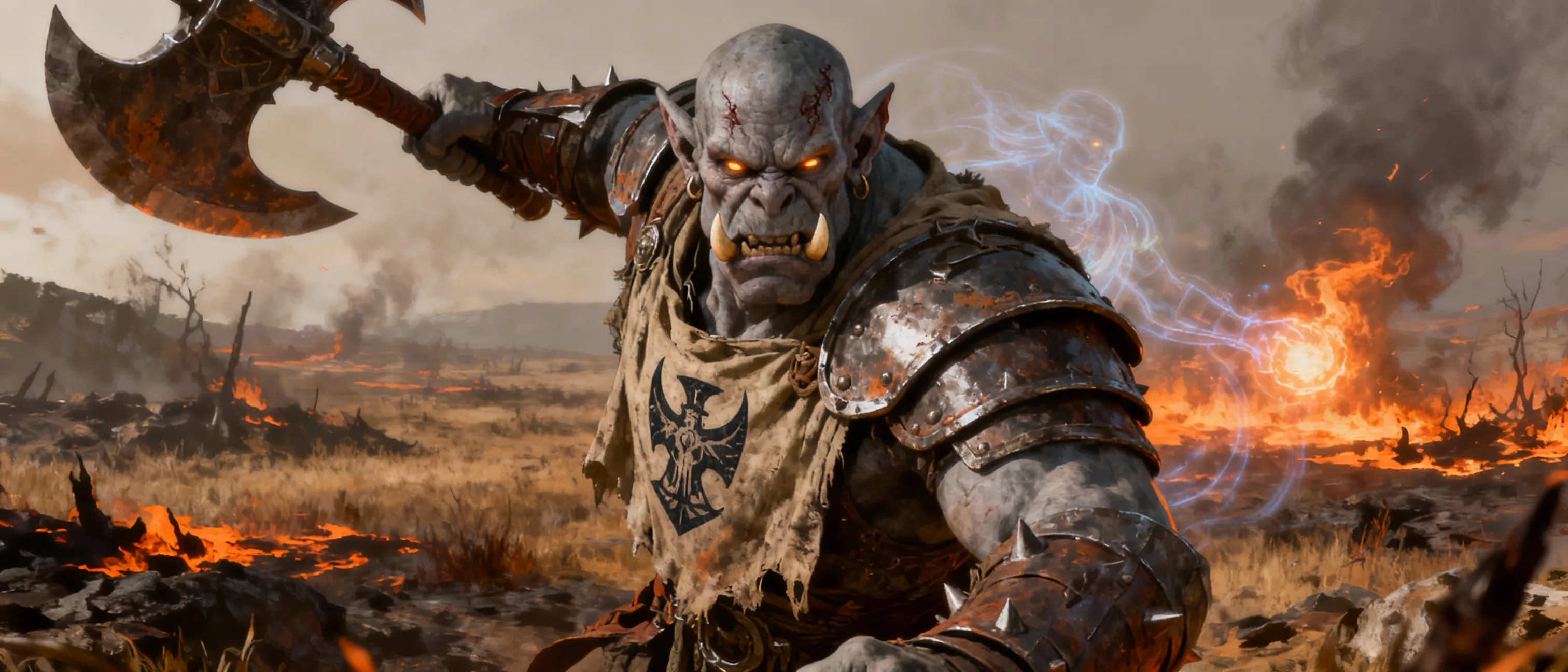 A towering orc with iron-grey skin, tusks crowned by a scarred brow, and a weathered tabard bearing a war emblem. His eyes burn with a cold, calculating glow, and his armor bears the dents of countless battles—each mark a tale of discipline, leadership, and ruthless efficiency. The wilderness around him is scorched from his fiery magic, and a faint aura of warlike discipline follows in his wake, as if the ground itself salutes a commander who believes destiny is forged through iron will and terrible purpose.