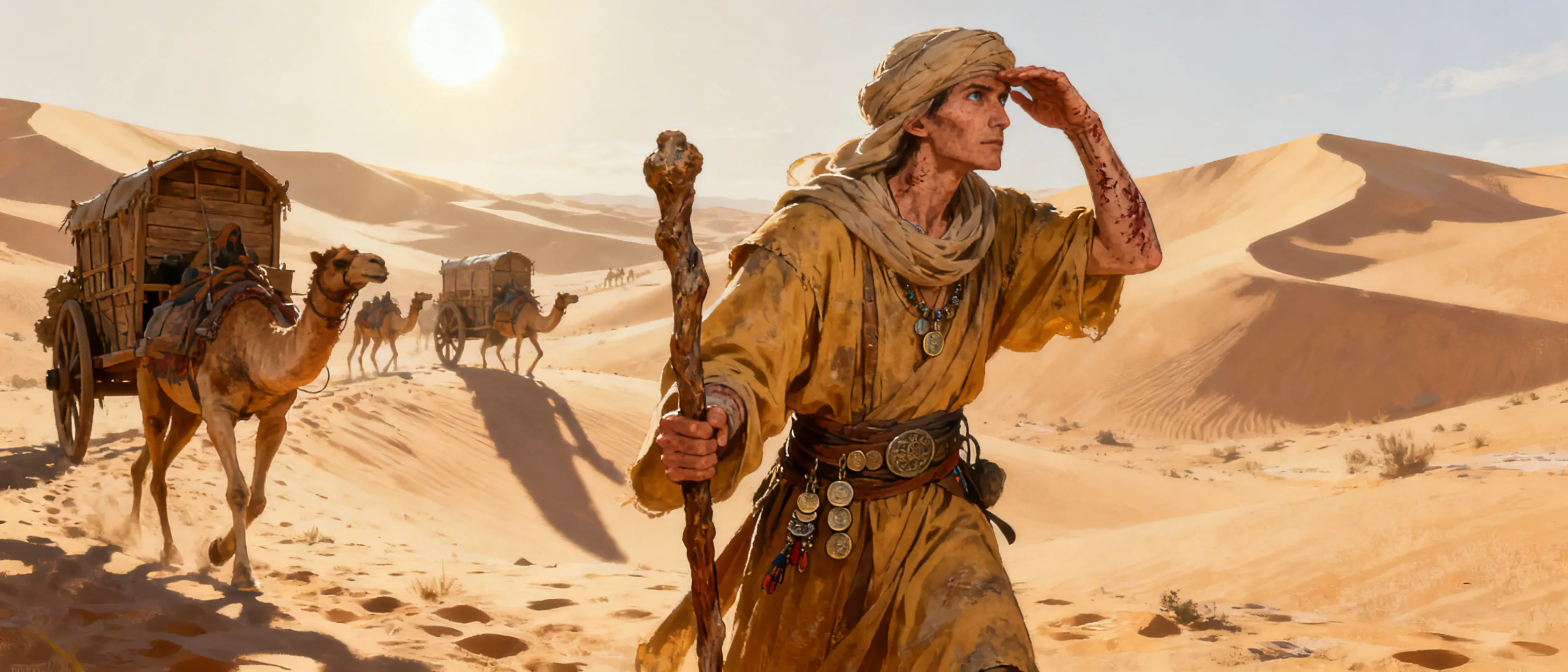 A lean desert trader with weathered robes, scarred hands, and keen eyes; a belt of coins and trinkets at his waist; caravans and dunes loom behind, under a merciless sun.