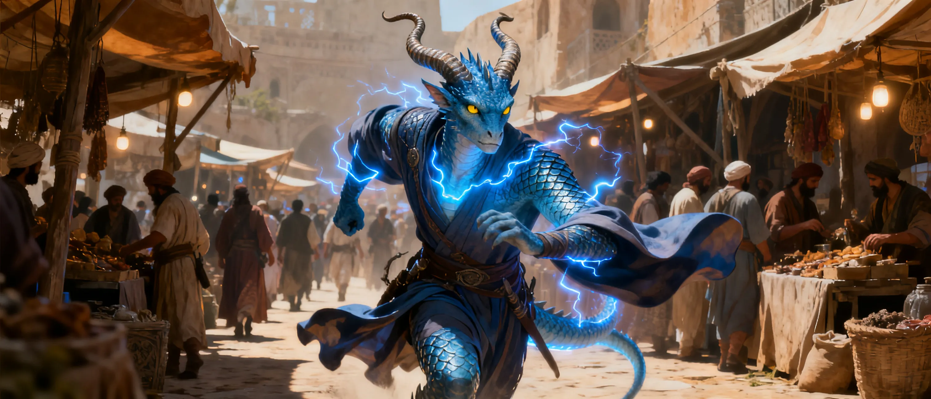 A tall blue dragonborn with gleaming scales, sunken yellow eyes, and two slender horns curling from the brow. A subtle, electric-blue aura seems to cling to their skin, crackling faintly as they move through a crowded bazaar. their gaze carries a wary, disciplined intensity, like a soldier who has seen the thunder of battle.