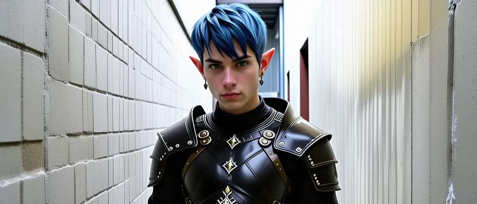 A half-elf wearing dark leather armor, with short blue hair and piercing green eyes, lurking in the shadows of an alleyway.