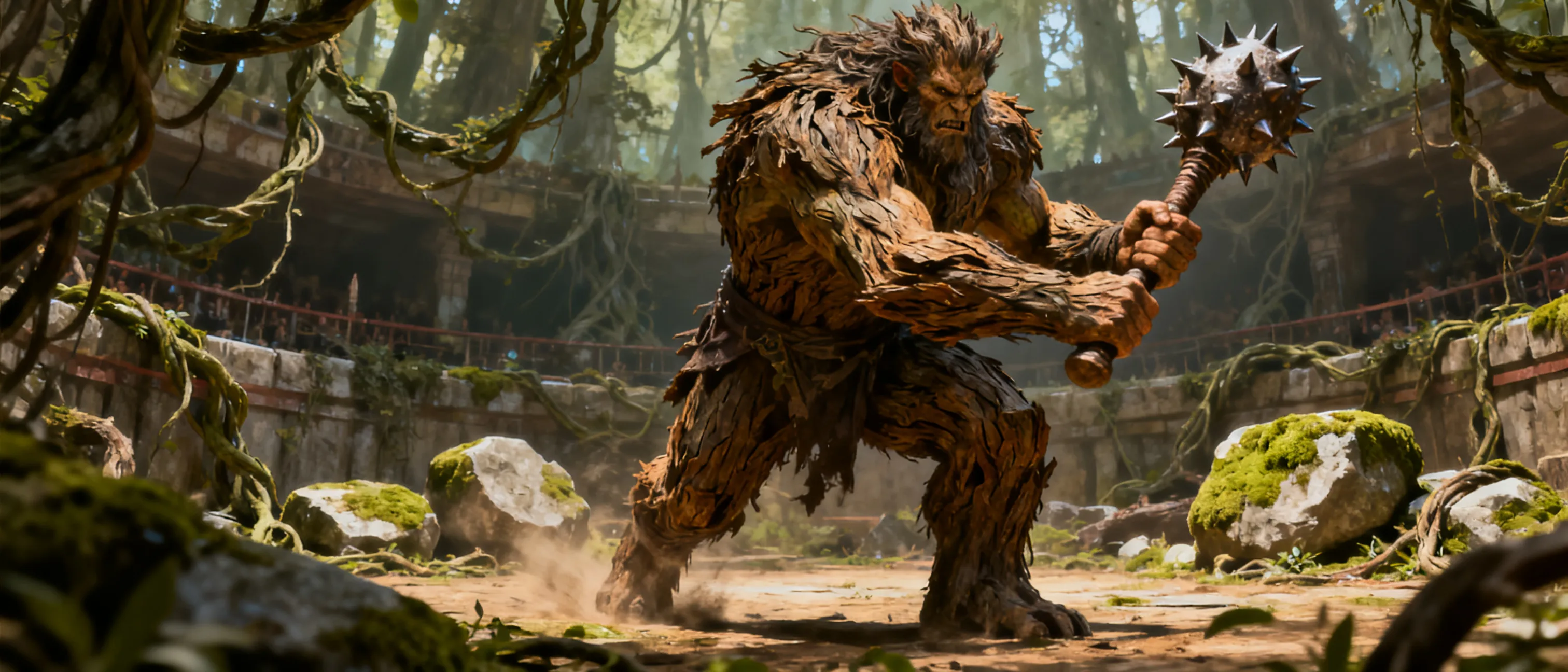 Bramble — A feral firbolg fighting with a spiked club, treating the arena like a deadly forest.