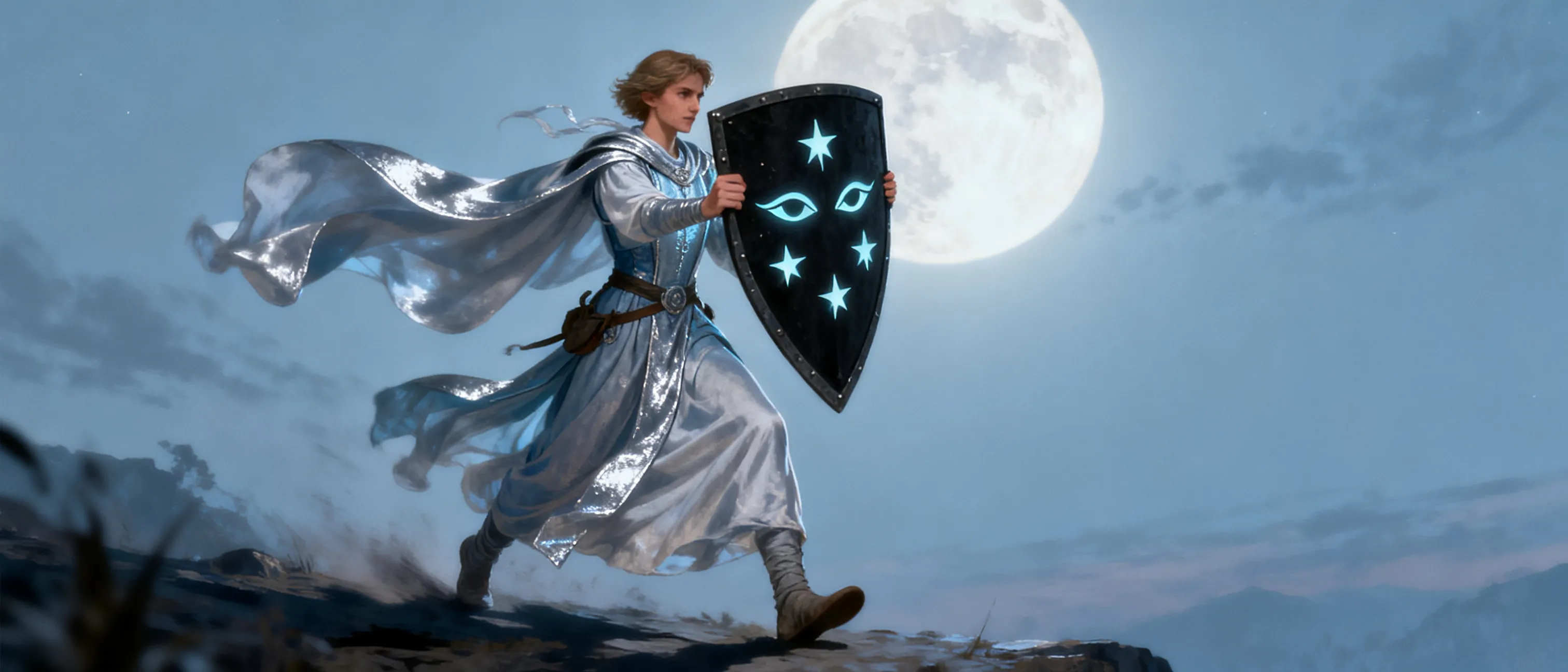 A slight human cleric in moonlit vestments, carrying a black shield painted with Selûne’s two eyes and seven stars, with pale silver accents and a traveler's posture.