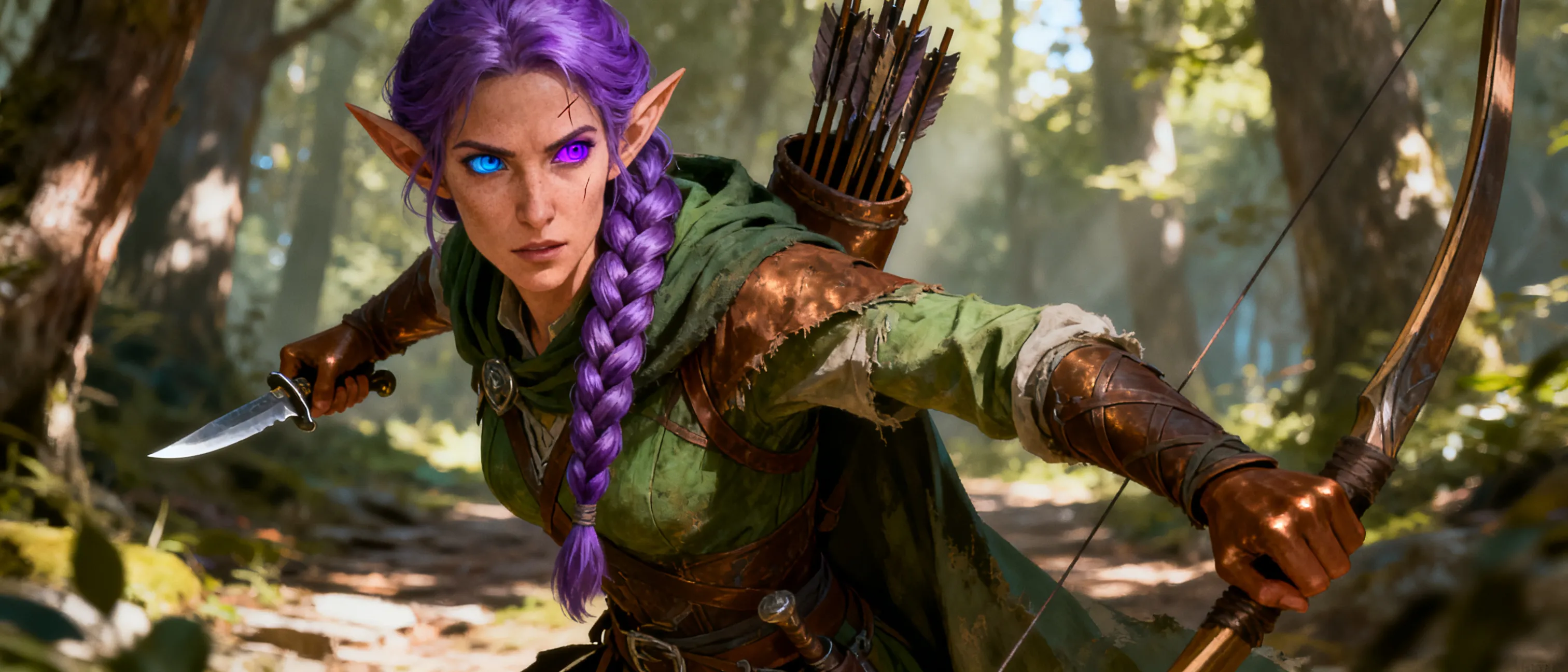 A lithe, tall elf with a cascade of purple hair braided in a neat French braid, left eye a bright blue, right eye a vivid purple. A thin scar traces over the bridge of the nose, lending an unflinching, wary gaze. The ranger outfit is practical and worn, dyed in greens and browns that blend with forest shadows. In one hand, a small dagger rests casually, ready for close work or a stealthy strike. The other hand hangs near a longbow at her back, quiver full of arrows. Her posture speaks of decades spent slipping through trees, tracking not only wildlife but the secrets of ruined paths and haunted clearings. Her skin bears the soft bronze of a wood-elf grown under canopies, and her overall presence feels older than her years, as if she carries the weight of eons of forest memory in her shoulder lines. 