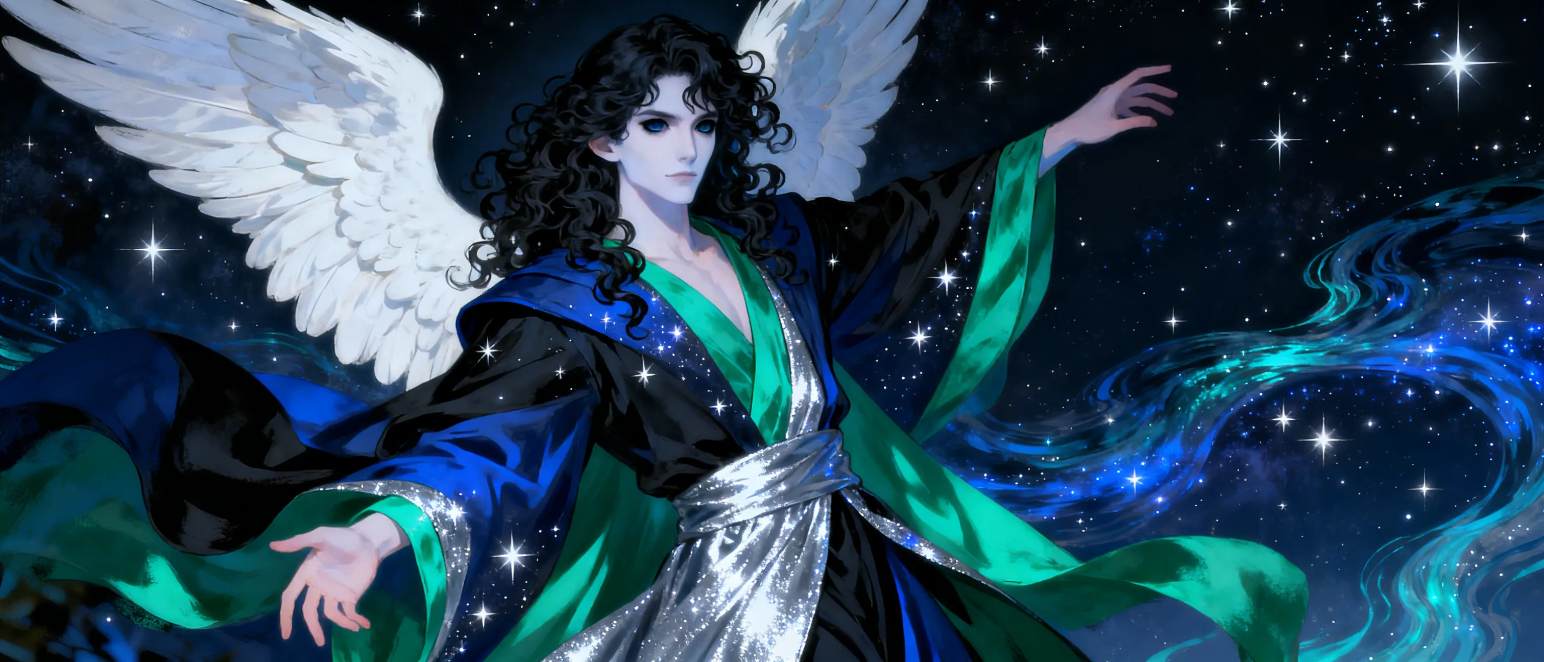 A celestial-tlecked figure stands with poised grace: long, curly black hair frames pale skin, obsidian eyes, and alabaster wings folded at the back. They wear robes woven in dark blue, black, emerald green, and silver, catching starlight as if a night-sky river flows around them.