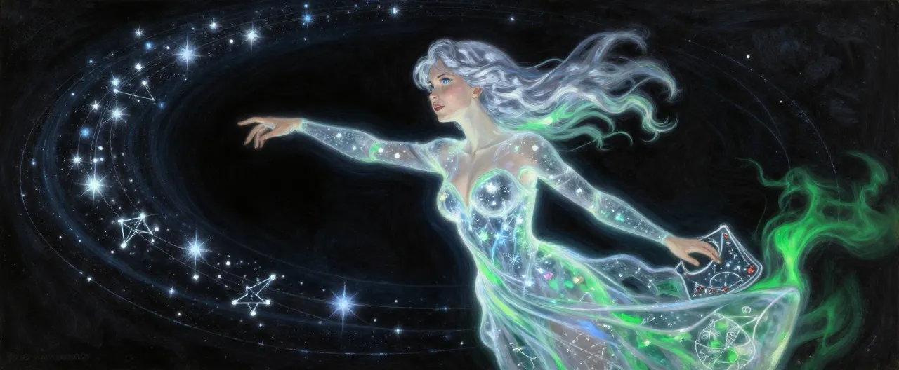 A shimmering, translucent hologram of a human woman in her fifties with silver-streaked hair and keen blue eyes, projected in swirling silver-blue starlight against the black void near a massive black hole. Her form flickers like a constellation, her satchel of star charts rendered as drifting motes of light. Around her, faint lines of astral star charts orbit like a halo, and the sickly green glow of the Far Realm rift reflects dimly off her spectral robes.