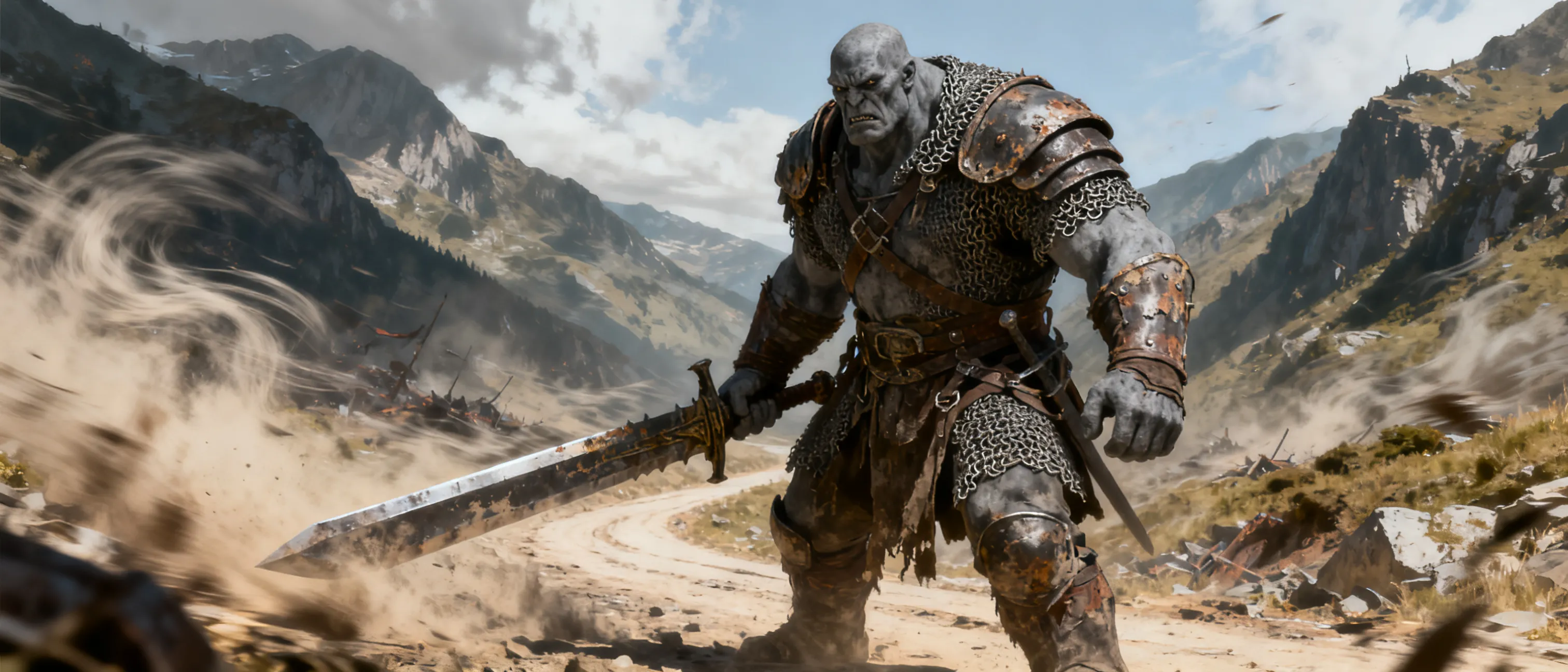 A towering gray-skinned goliath mercenary in battered chain mail, carrying a greatsword and a grim, practical expression; windswept mountain roads or battlefields.