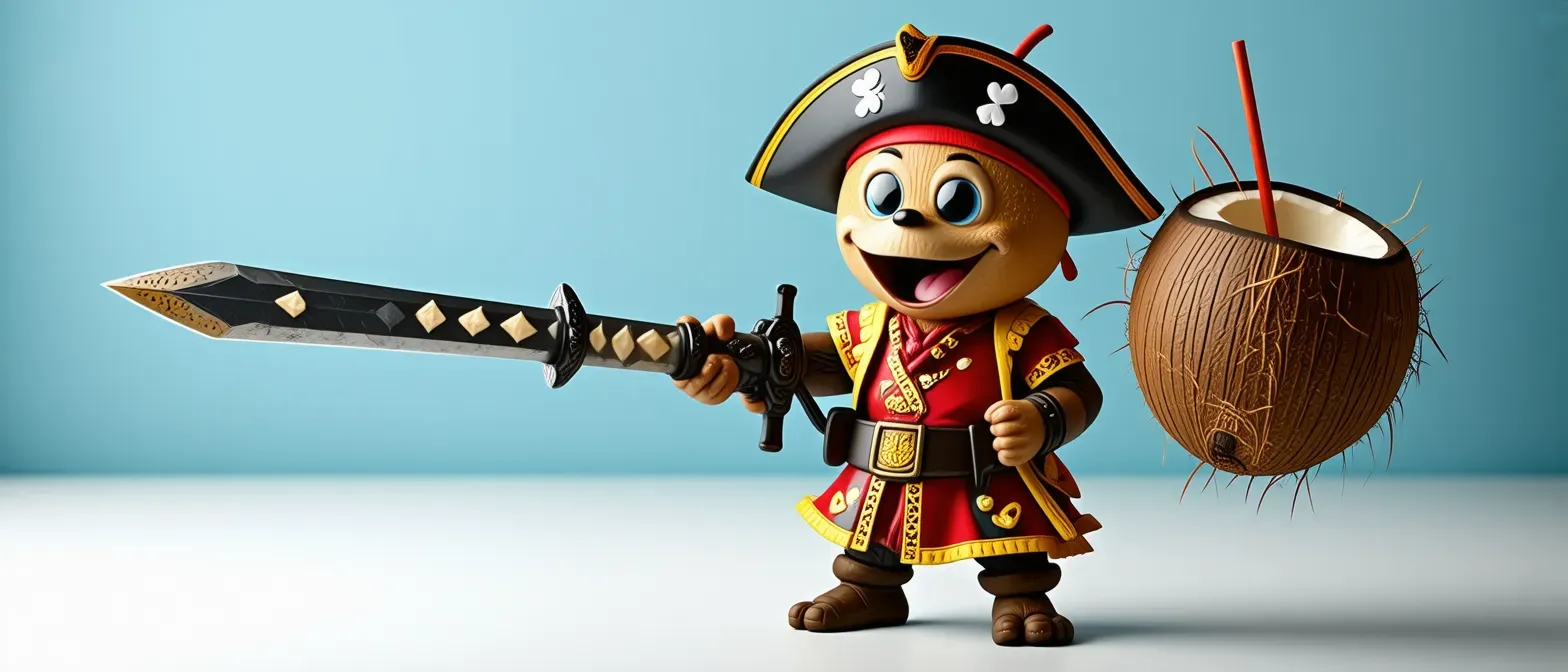 A goofy anthropomorphic coconut with arms and legs, dressed like a pirate with a large sword made of carved dragon bone and a blowgun at the ready.