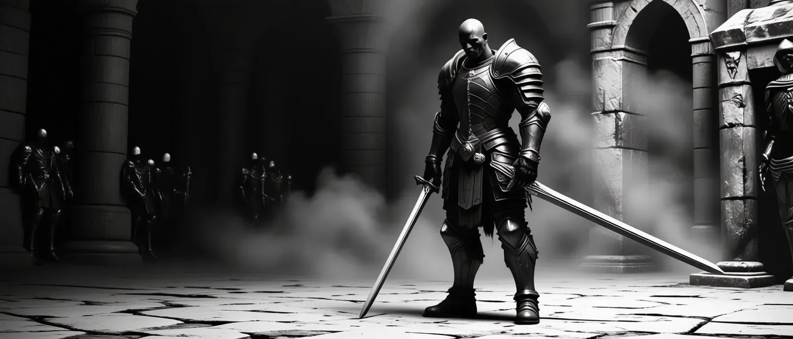 A tall human in battered armor, with a scarred face and a brooding expression, standing with a longsword at his side.