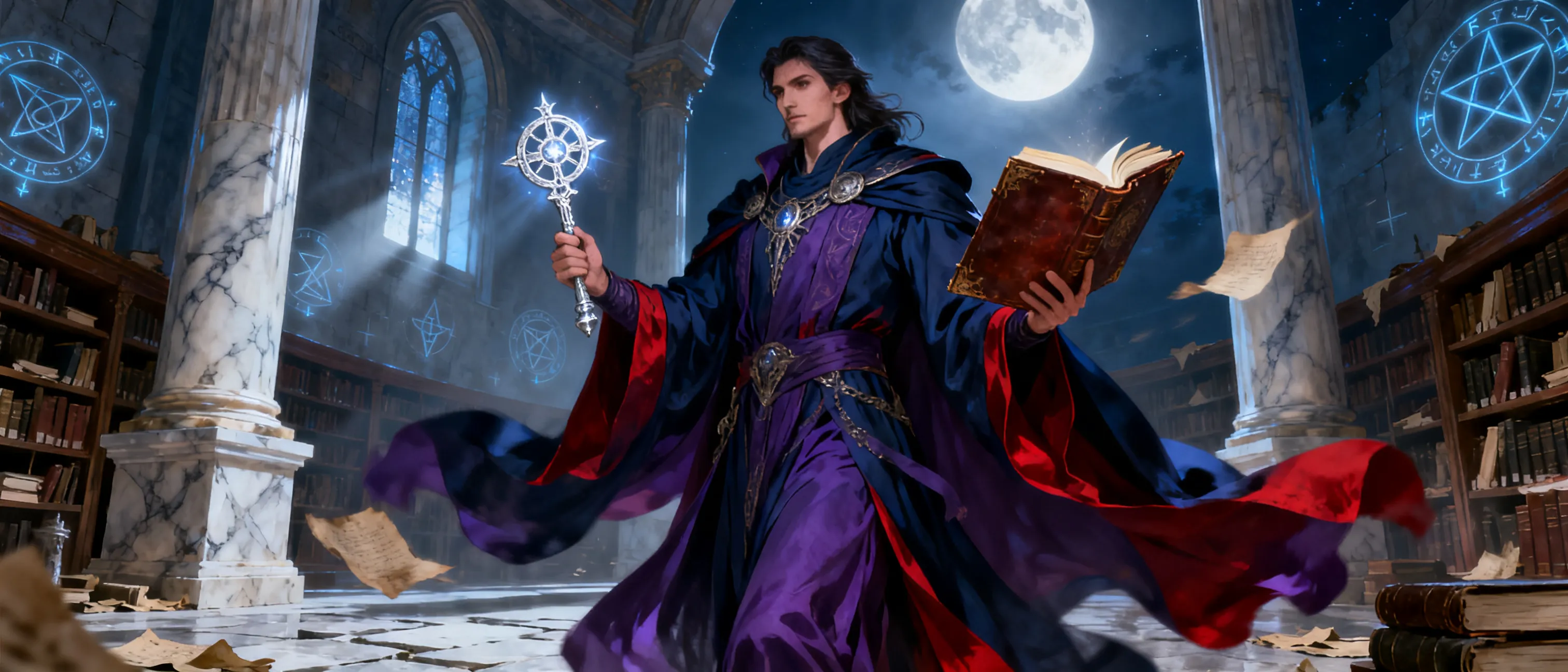 A regal male deity in dark blue, purple, and red robes, carrying a silver holy symbol and ancient tome, standing in a moonlit temple library.