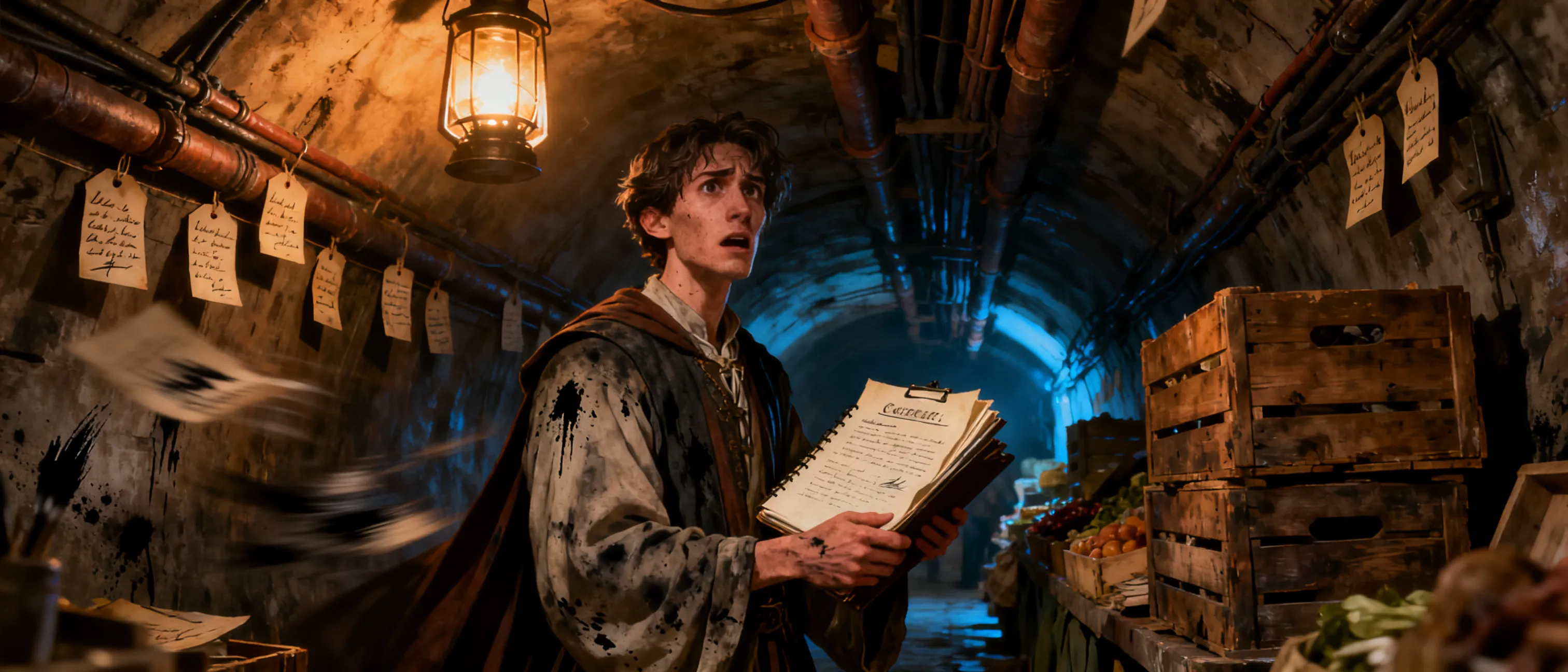 A nervous human clerk in ink-stained robes clutching ledgers and a copied contract page, standing under humming lanterns in cramped service tunnels lined with tags, pipes, and stacked market crates.
