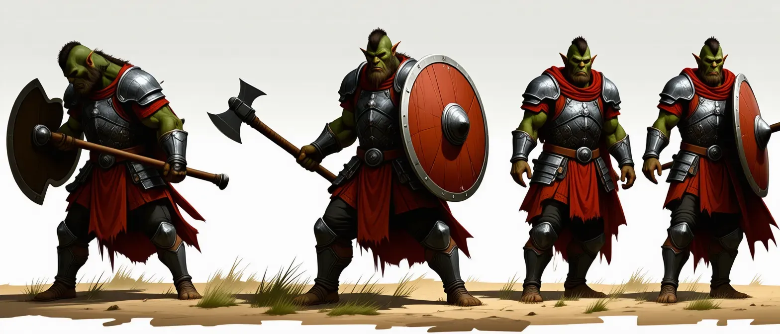 A strong half-orc fighter clad in medium armor, wielding a large shield and a battleaxe, ready for battle.