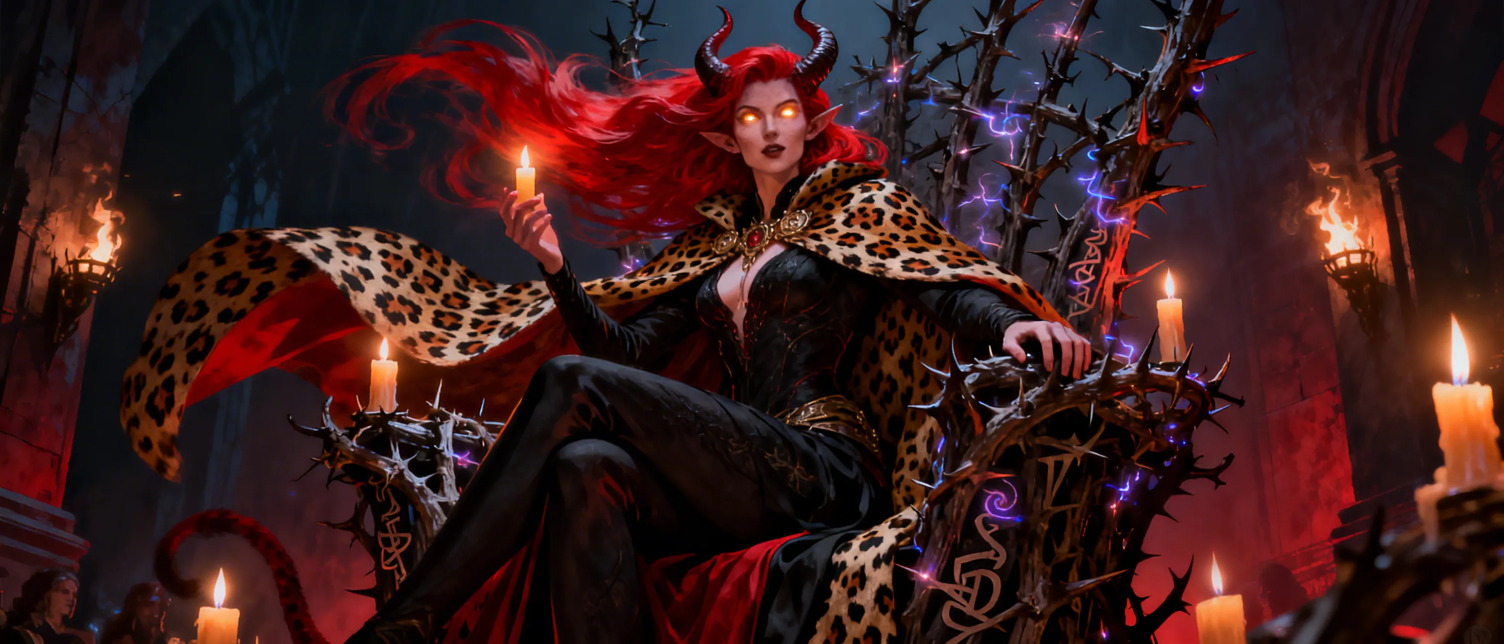 A regal leopard-spotted cloak, sweeping red hair that tumbles like a blaze, and eyes that shimmer with candlelight. A tiefling queen who rules from shadows, perched upon a throne of runed thorns in a midnight palace.
