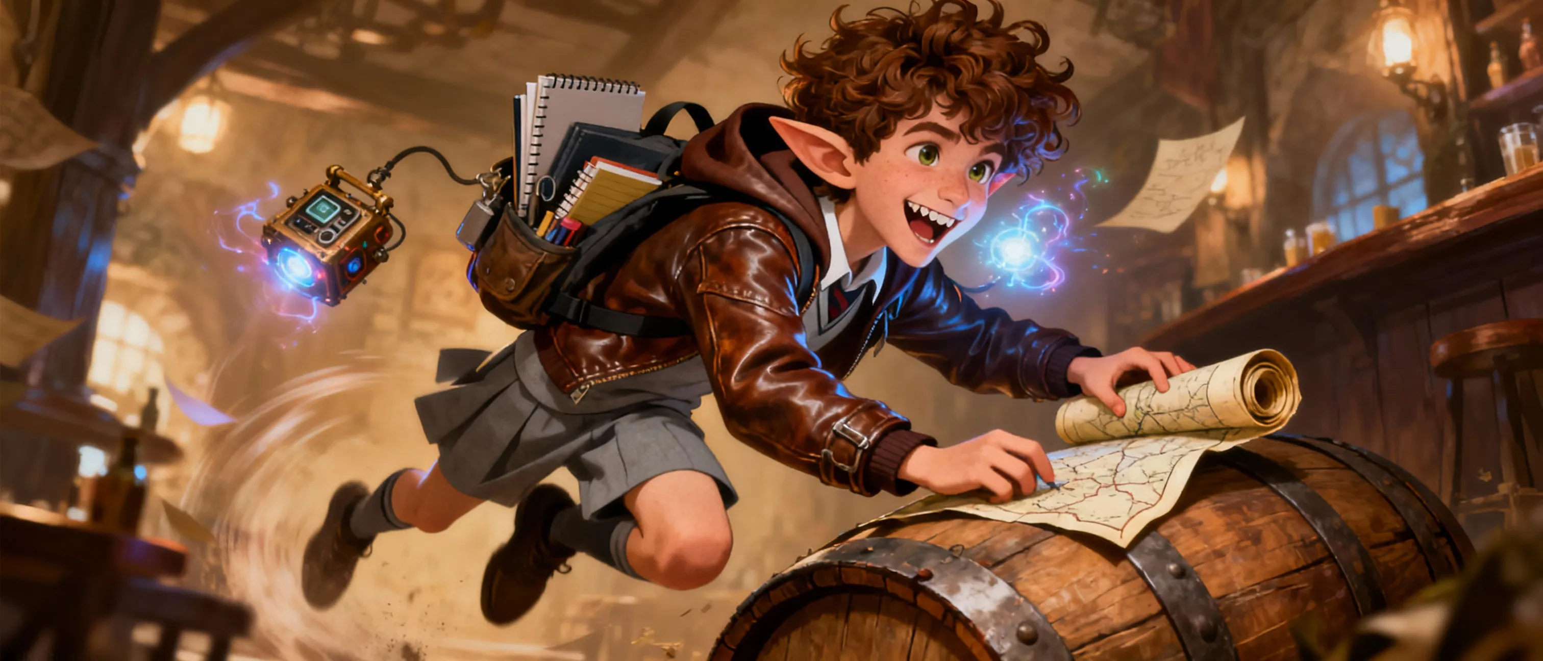 a male human who is in highschool, he had curly hair and a mischievous grin