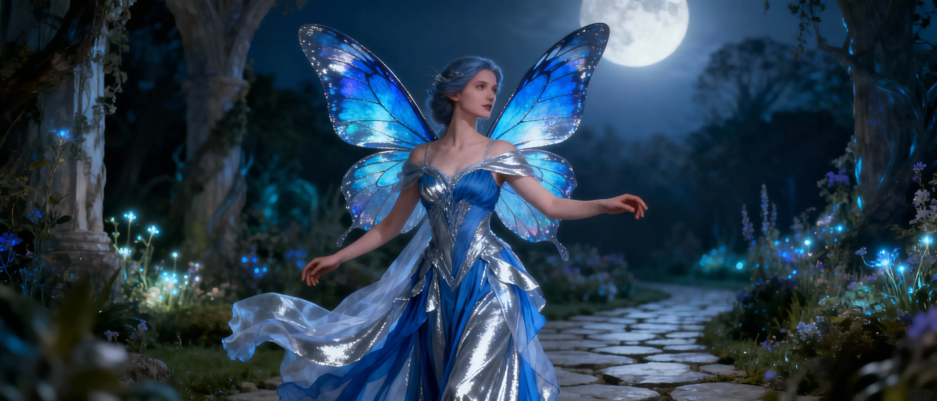 A delicate fairy with blue morpho wings, dressed in flowing feminine fabrics of blue and silver, standing with courtly grace in a moonlit garden between the mortal world and the Feywild.