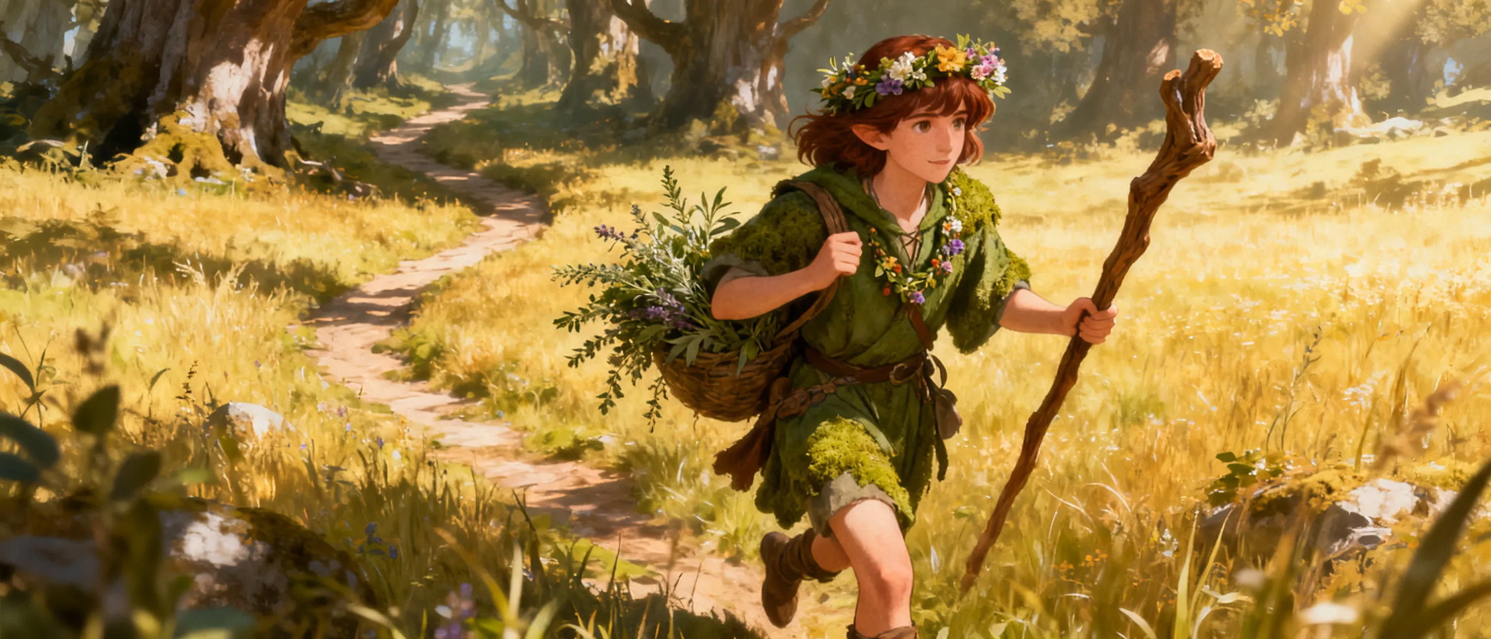 A soft-featured human druid with chestnut hair, floral garlands, and moss-green travel clothes, carrying herbs and a staff, wandering sunlit meadows and ancient woodland paths.
