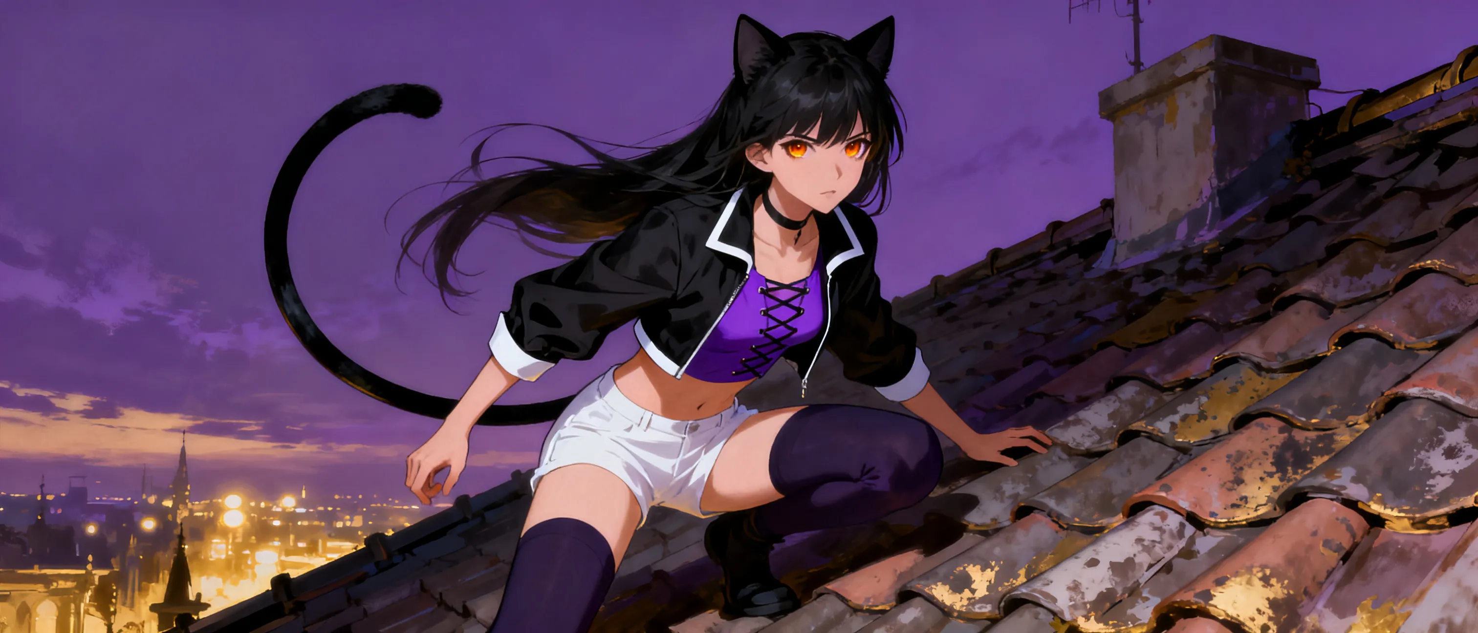 A lithe young woman with long black hair, amber eyes, and a pair of black cat ears atop her head, wearing a black cropped jacket with white trim over a purple-laced top, white shorts, and dark leggings. A curved black ribbon-like weapon is coiled at her back. She crouches on a rooftop at dusk, amber eyes gleaming, expression guarded and resolute, anime-inspired painterly style with moody purple and gold lighting.