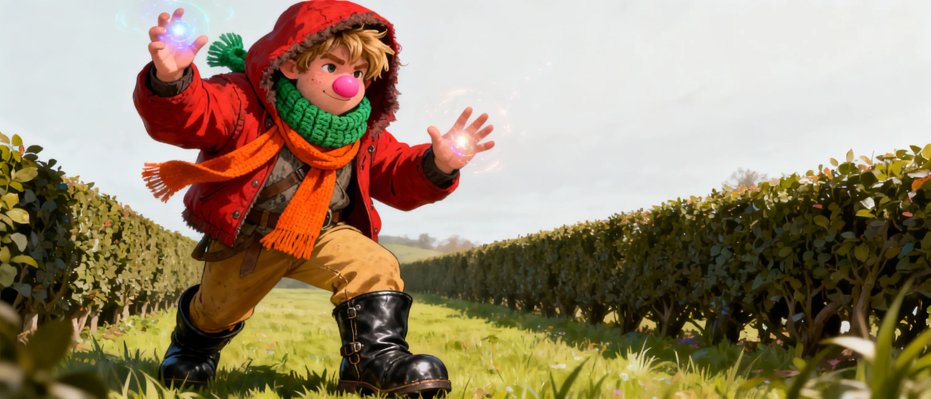 Tarbie hearding is a firbolg just out of Adolescence he has a kind Demeanor he has sort dirty blonde hair and bullish skin he has a rosy red nose he wears a heavy red jacket with a wool lining a knitted green a orange scarf tan pants big black leather boots he is a Druid he worked on a manor he was their shepherd he was friends with the lords son and they would explore the Thornhedges land (the house name is thornhege) but soon the job became mighty boring and tarbie wanted to go on a adventure   