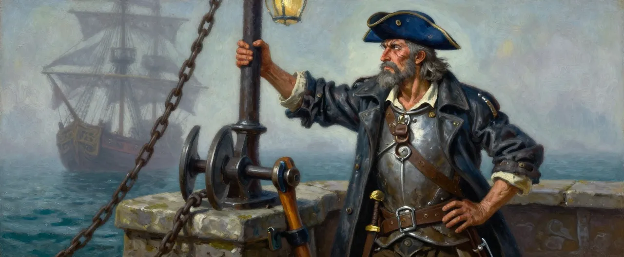 A weathered grey-bearded sailor in his fifties stands at the rail of a stone chain tower, one hand resting on the massive iron winch beside him. He wears a salt-stained blue tricorn hat and a heavy oilskin coat over a scarred breastplate, a cutlass hanging at his hip. One trouser leg is pinned to a polished oak peg leg planted on the wet stone. His face is wind-burned and lined, one eyebrow split by an old scar, and his eyes are fixed on a rotting ghost ship in the foggy harbor below. Behind him, lantern light glints off the great chain running down into black water.