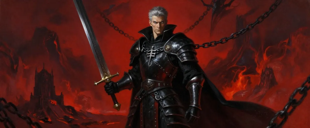 A tall, gaunt human man in his late forties, with close-cropped silver hair and piercing gray eyes. He wears black and crimson ceremonial plate armor, polished to a mirror shine, with a high collar and a long, tattered black cloak. A heavy iron chain hangs around his neck, from which dangles a cold iron symbol of the Emperor's crown. His right hand grips a massive, ornate greatsword with a blade of black steel that seems to drink the light around it. His expression is one of cold, unyielding conviction. Behind him, faint spectral chains and wisps of captured souls drift in the air. The background is a dark, volcanic landscape under a blood-red sky, with the silhouette of the Obsidian Throne in the distance. Painterly, cinematic dark fantasy style, dramatic rim lighting, no text.