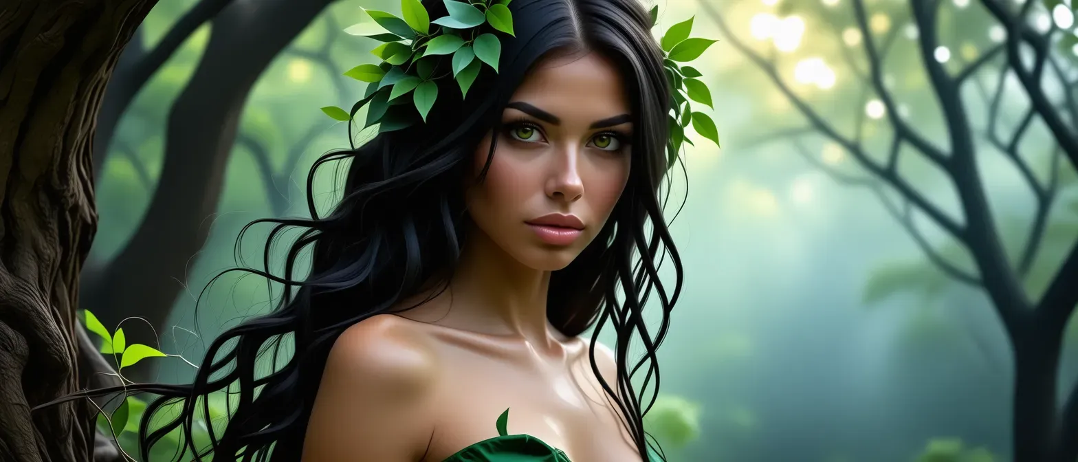 A lithe woman with green-hued skin, long dark hair adorned with foliage, and piercing emerald eyes, representing the essence of the Whispering Woods.