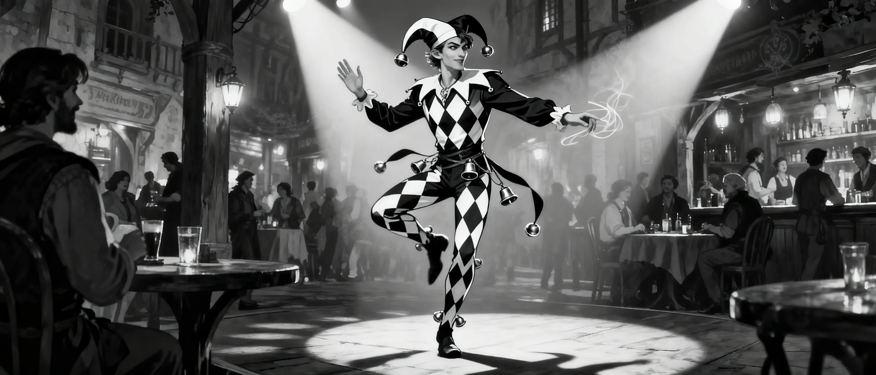 varient human race, entertainer background, bard College of Eloquence level 3 class, name Foodles, white and black jester
