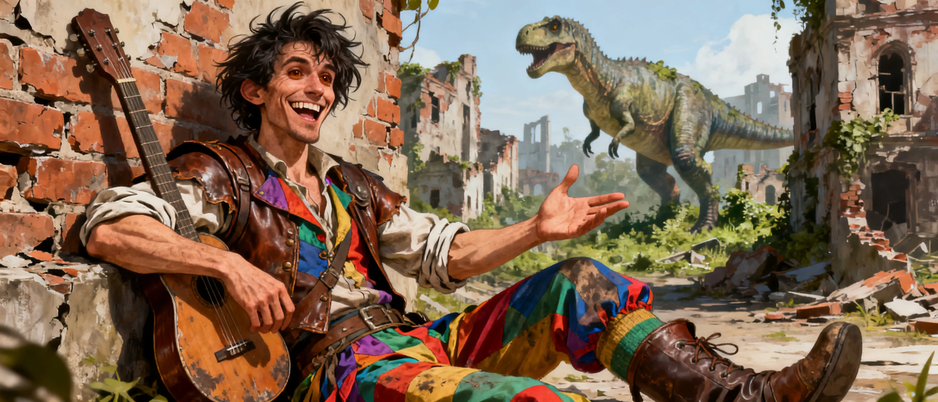 A wiry, mischievous-looking human man in his mid-thirties with messy dark hair, a wide gap-toothed grin, and twinkling brown eyes that seem permanently amused. He wears a slightly-too-colorful patchwork entertainer's outfit beneath a battered leather jerkin, mismatched boots, and a lute slung across his back. His sleeves are rolled up, revealing lean, agile arms. He leans casually against a crumbling brick wall in a ruined city, one hand mid-gesture as if telling a joke, while a distant dinosaur silhouette roams the overgrown ruins behind him. His expression is warm but carries a faint flicker of guilt in his eyes.
