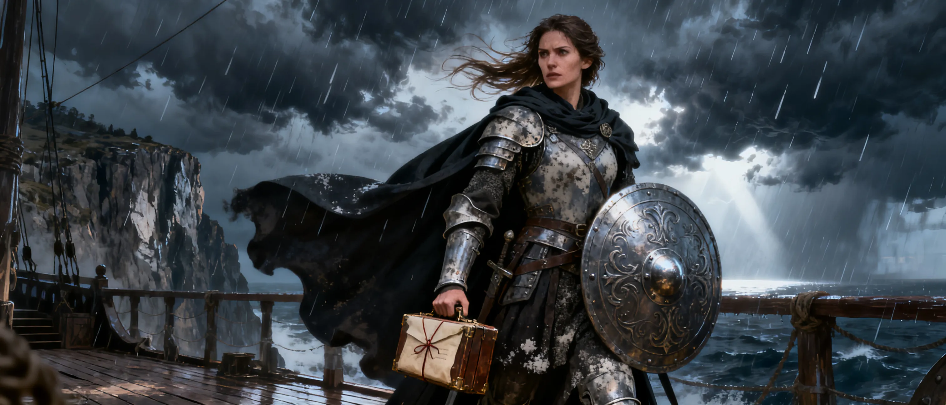 A stern noblewoman in salt-stained armor and a dark travel cloak, standing on a storm-lit cliff deck with a sealed treaty case, polished shield, and a cold, watchful gaze.