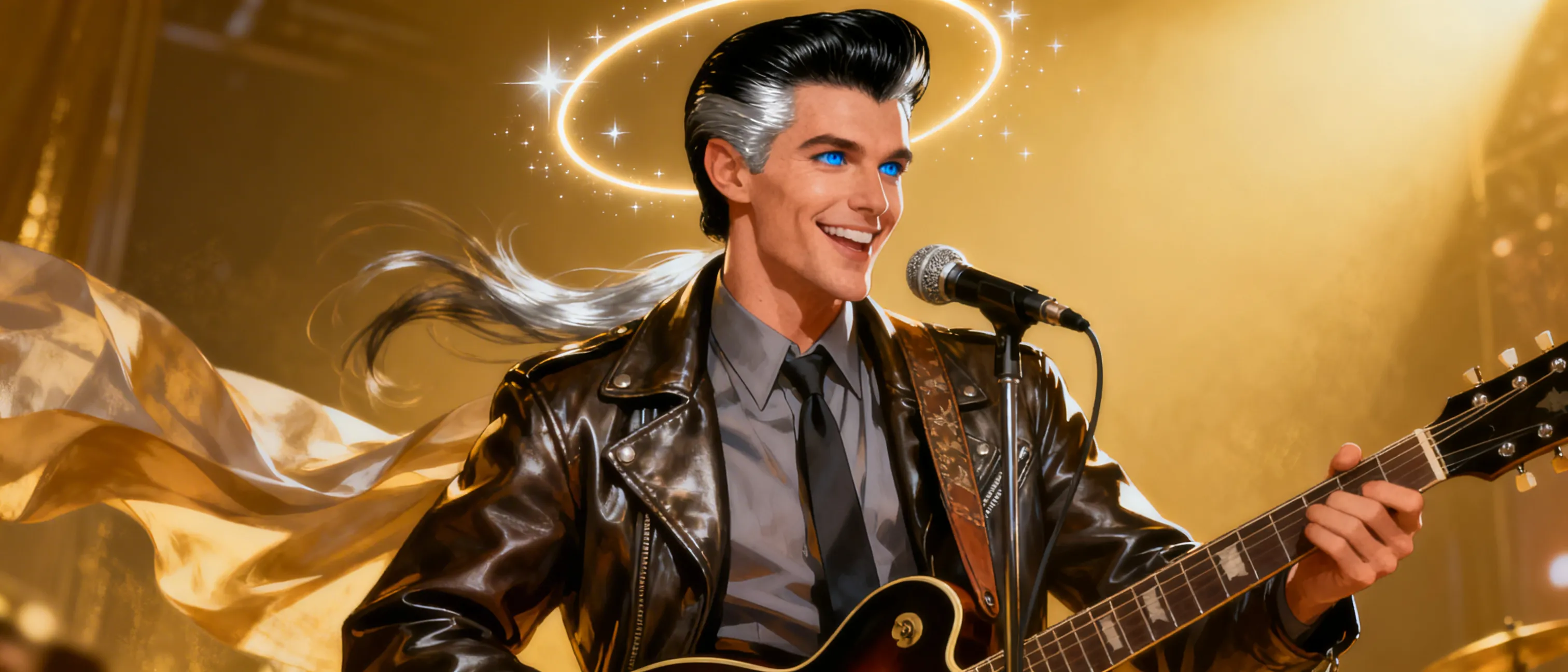 Male Bard/Warlock Multiclass
Aasimar Musetouched
41 years old. 

Shakin' Stevens inspired appearance. Black Hair, Blue Eyes.
Likes to sing in the style of 50s Rock 'n' roll and can play guitar. 

Born to a lower class family but worked his way up using his skills in performance and magic.
Parents have both since passed so he travels and performs helping out any adventurers along the way 