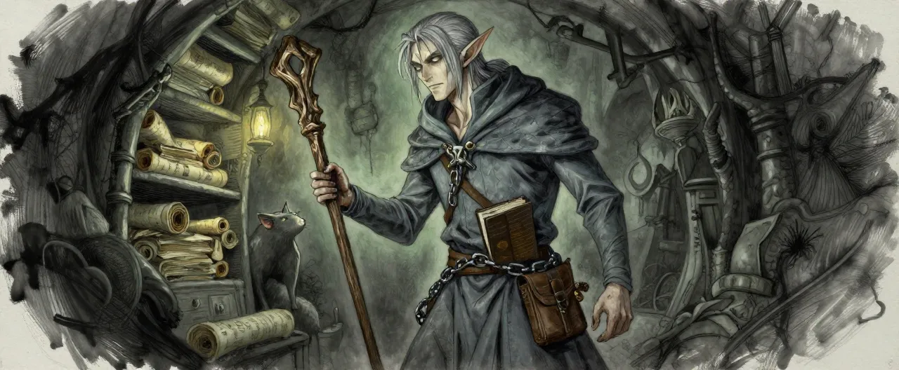 A gaunt, pale high elf man in his late second century, ink-stained fingers and a sardonic, unnervingly calm expression. He wears a water-spotted scholar's robe of faded grey-blue over a quilted undercoat, a heavy oilcloth-wrapped ledger chained to his belt, a battered quarterstaff of catacomb oak, and a component pouch at his hip. Silver-grey hair tied back with a rag, a stub of tallow candle stub tucked behind one ear, and eyes that reflect lamplight like a cat's in the dark of the tunnels. Behind him, catacomb shelves of ancient scrolls loom in lamplight, and a faint rat-shaped shadow watches from the dark. Dark fantasy ink-and-wash style, muted greys and sickly green undertones, in the grim plague-city palette of Nostramus.