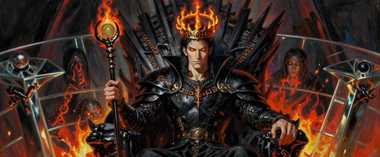 A regal, terrifying portrait of Emperor Kaelthar Vane at the peak of the Obsidian Throne. He is a tall human man in his prime — dark hair swept back, sharp aristocratic features, eyes burning faintly ember-orange from the pact's corruption. He wears obsidian-black plate-and-cloth regalia stitched with bronze infernal script, and the Crown of Cinders: a floating ring of small, never-cooling embers above his brow. A black iron scepter topped with a soul-coin rests in one gauntleted hand. Behind him, a sphere of chained souls glows faintly through a glass floor, and lava light silhouettes the throne of black glass. Painterly dark-fantasy style, dramatic upward angle, cinematic red-and-obsidian palette, no text or logos.
