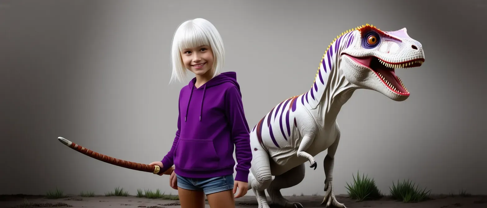 A changeling with a purple hoodie and jean shorts, wields a charming smile. Accompanied by an albino velociraptor with red and purple stripes down her back.