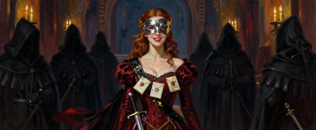 A poised, dangerous noblewoman in a gown of deep crimson and black silk cut for movement, standing in a shadowed gallery of the Obsidian Throne. She wears a silver mask pushed up on her forehead like a diadem, a rapier at her hip, and a sash hung with sealed letters bearing wax sigils. Her smile is warm; her eyes are cold and calculating. Behind her, hooded informants wait in the dark. Cinematic candlelight, painterly high-fantasy style, no text.