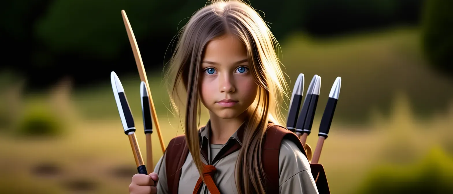 A youthful girl with mischievous eyes, carrying a well-crafted bow and an array of expertly balanced knives. She wears simple yet durable clothes suitable for the wilderness.