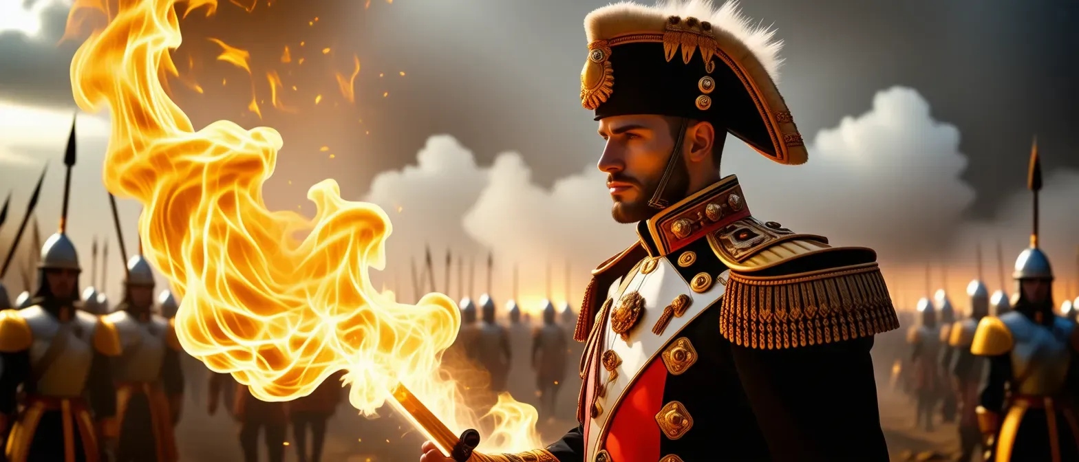 This D&D character is based on historical person

 Napoleon Bonaparte – The Grand Artificer of Flame
This cunning Battle Mage commands the battlefield with precision. His signature “Grand Battery” lets him command his wizzards to unleash layered fireball barrages with surgical accuracy, while his “Imperial Aura” bolsters allies’ resolve. With unmatched strategic insight and a bonus action “Rapid Maneuver,” he repositions units like pawns, turning the tide of any engagement before foes know the plan.

He should be level 20

Make sure to pass the name and the detailed description of napoleon to the image model.