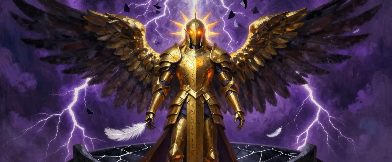 A towering celestial figure of burnished gold stands upon a cracked black-glass altar, wings spread wide enough to span the shattered dome above. Its armor is not metal but solidified sunlight, filigreed with dawn-script that reads in reverse. Its eyes are twin flames, steady and sorrowful, and a single white feather drifts from one wing toward the flagstones below. Behind it, violet lightning stitches a wound in the sky, and the light it casts holds the darkness at the edges of the chamber like a tide held back by faith alone.