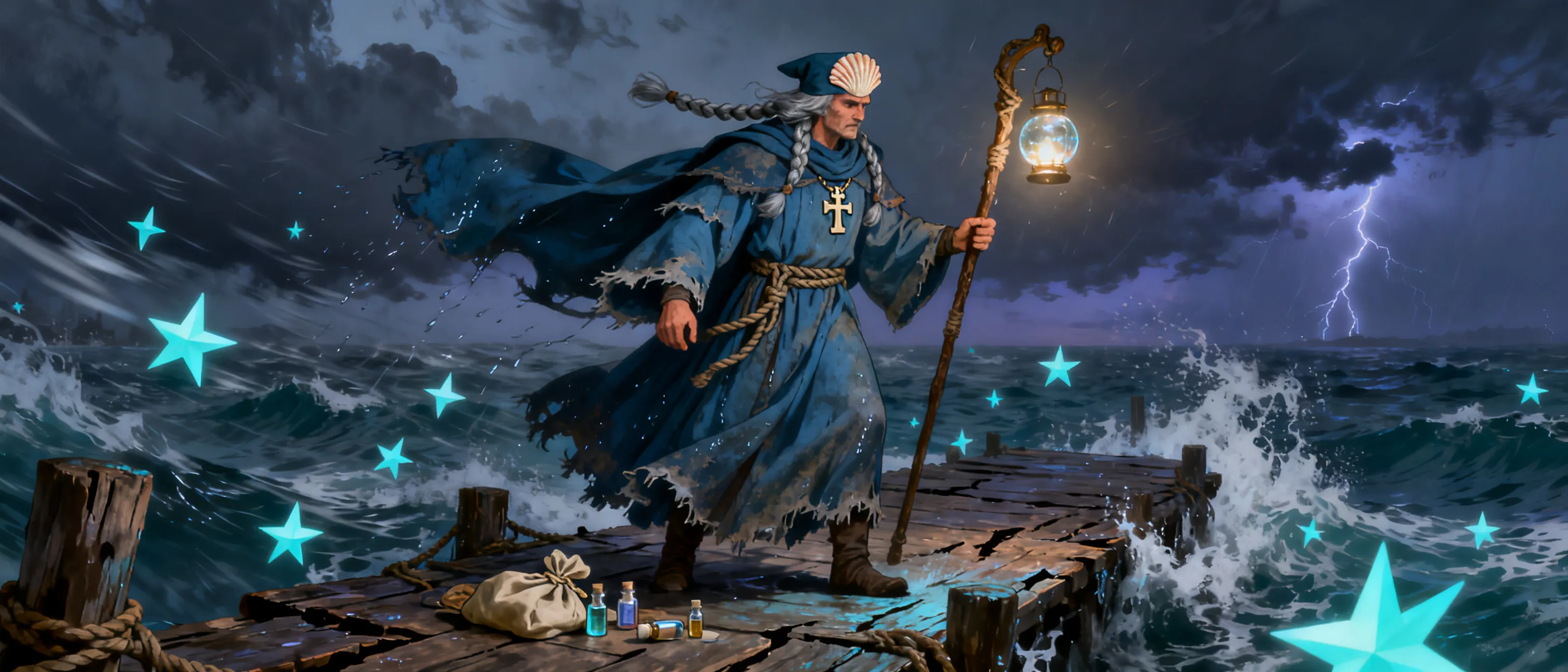 A stern coastal priest in sea-worn robes with a shell-capped holy symbol, salt-gray braids, and a lantern staff, standing on a storm-lit dock beside glowing star shards and healing supplies.