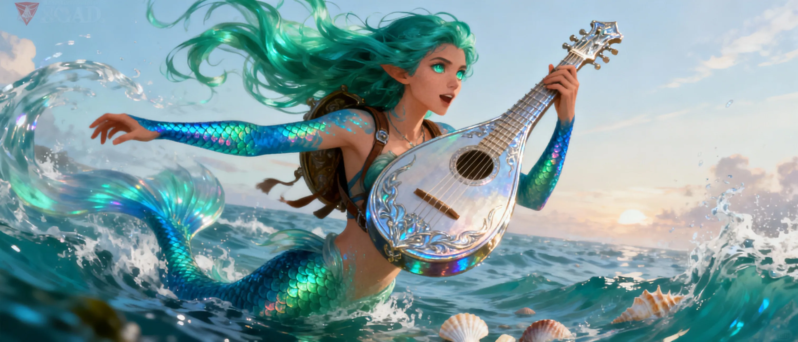 A striking siren-like visage with sea-glass eyes, flowing teal-green hair, and a gleaming lute strapped to their back. They move with the slippery grace of a tide, skin hints of blue-green with subtle iridescent scales along the forearms, and a voice that seems to shimmer like a shell at dawn. The ocean traces lightly across their skin as if remembering a long-lost shoreline.