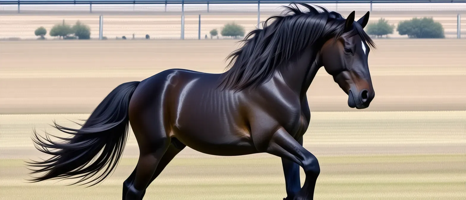 A magnificent black stallion with a proud stance, nervous eyes, and a sleek, glossy coat.