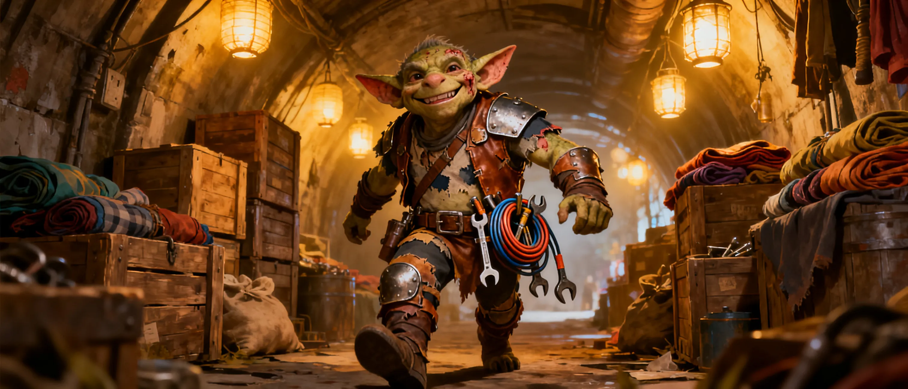 Scarred kobold salvage runner with a practical grin, patchwork gear, and a coil of tools at the belt, standing in cluttered service tunnels beneath a surreal bazaar of stacked goods and lantern light.