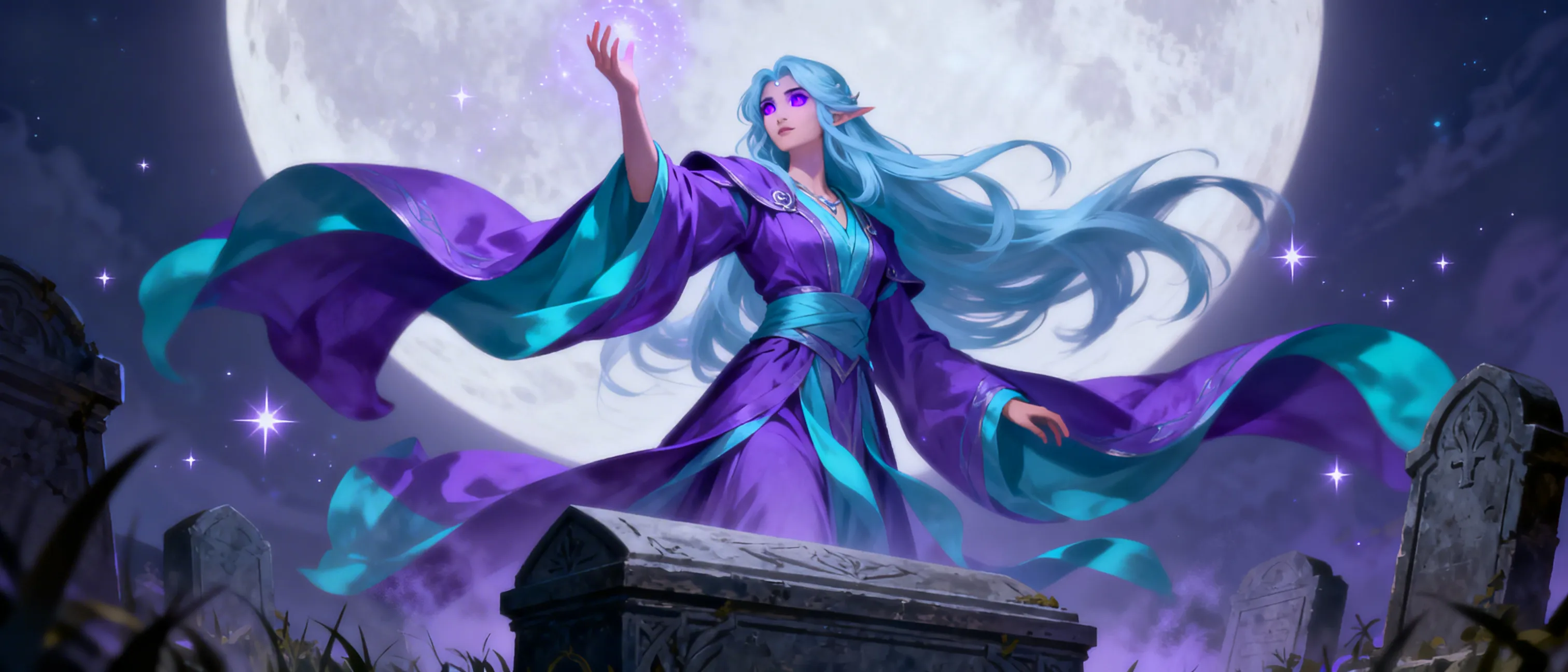 the benevolent goddess of death is pale-skinned has long, sky blue hair, purple eyes, and wears clothes in varying shades of purple.  and sky blue