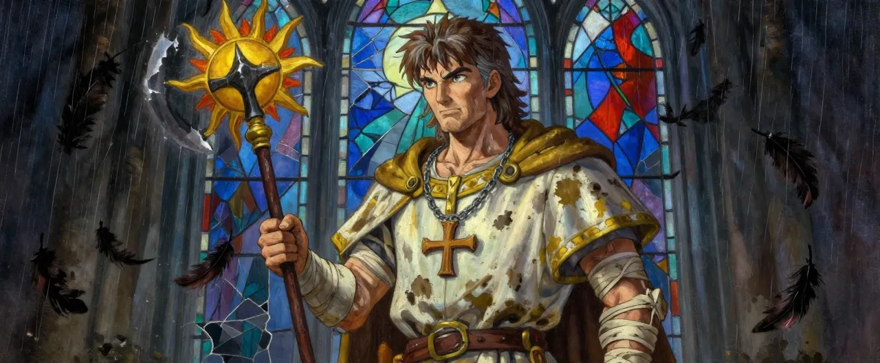 A weathered man in his fifties with a kind, lined face and gray-streaked brown hair, standing in the rain before the shattered stained glass of the Chapel of the Dawn. He wears mud-spattered white and gold vestments over a chain shirt, a wooden solar symbol on a cord around his neck, and his left arm hangs in a crude sling of linen and splints. His right hand grips a heavy mace with a sunburst head, and stubborn, warm light seems to gather around him despite the gloom. Black feathers drift past him in the storm.