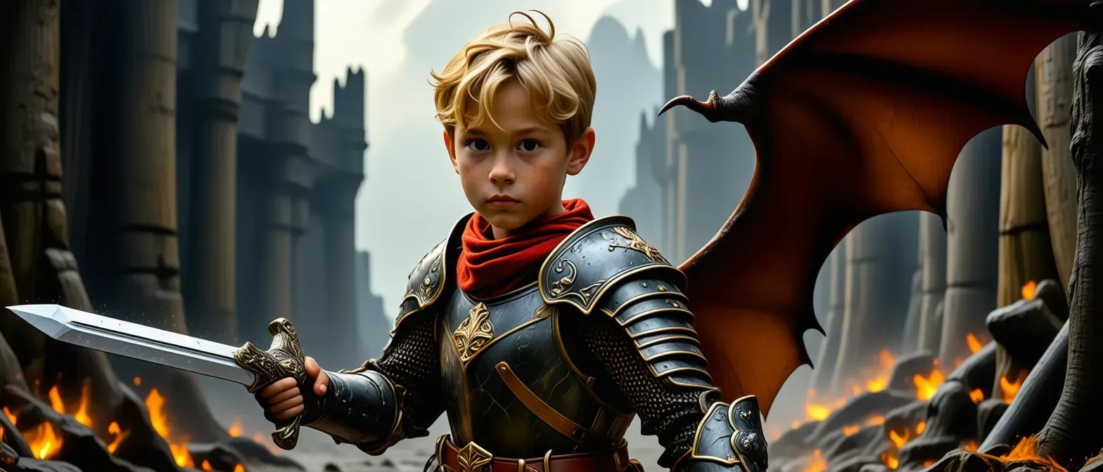 boy with sword, blond hair, freckles, fast, clever, defeats monsters, tall, wears dragons skin, 