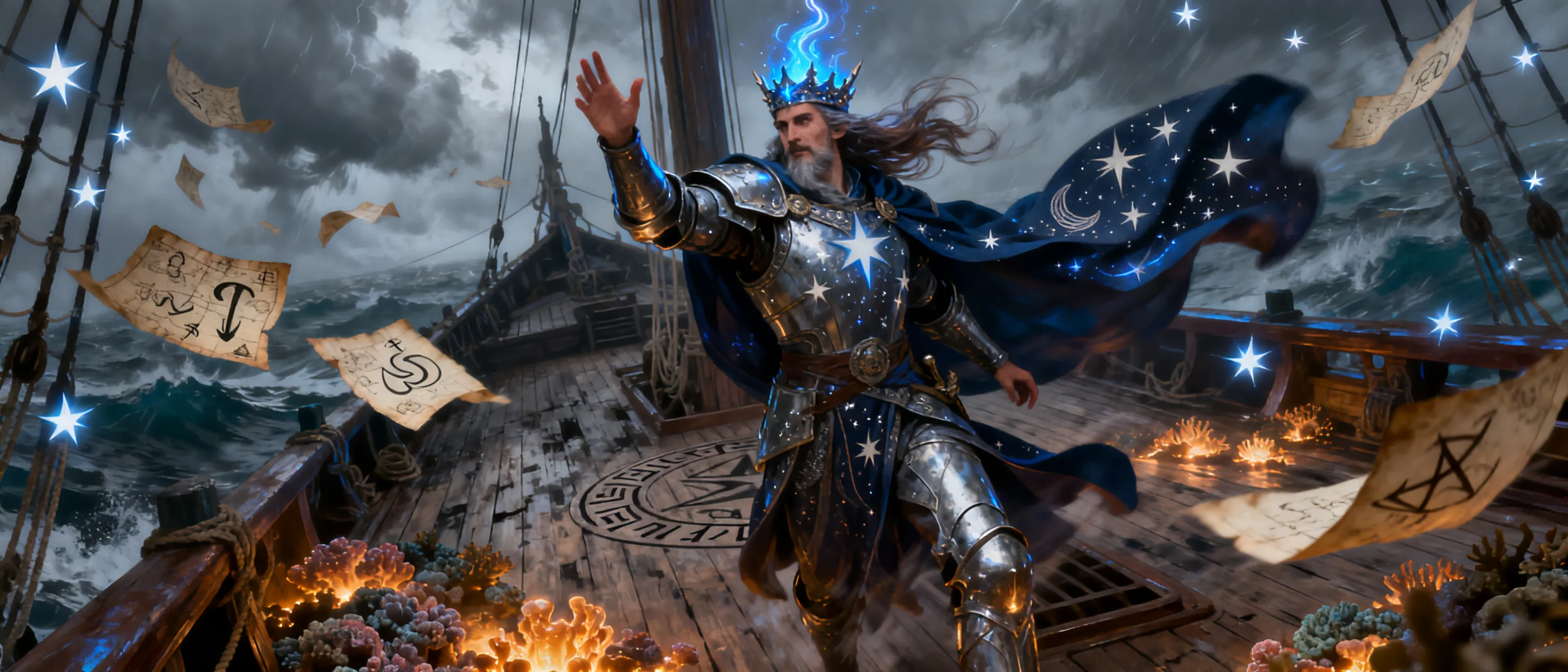 Charismatic sorcerer-lord in star-metal regalia with a comet-crown, standing on a storm-lit ship deck above glowing reefs, framed by cold starlight and drifting false charts.