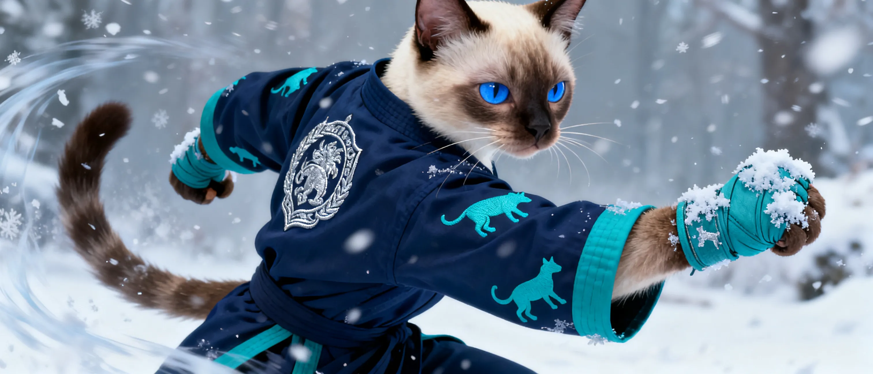 Female Siamese Tabaxi monk, athletic and quick as lightning. Wears a navy blue gi, trimmed with teal colored animal silhouettes. Her family crest embroidered on the back in Silver thread.  Wears magical handwraps of Frost.  She has bright blue eyes. Studied under the air school of master arts.