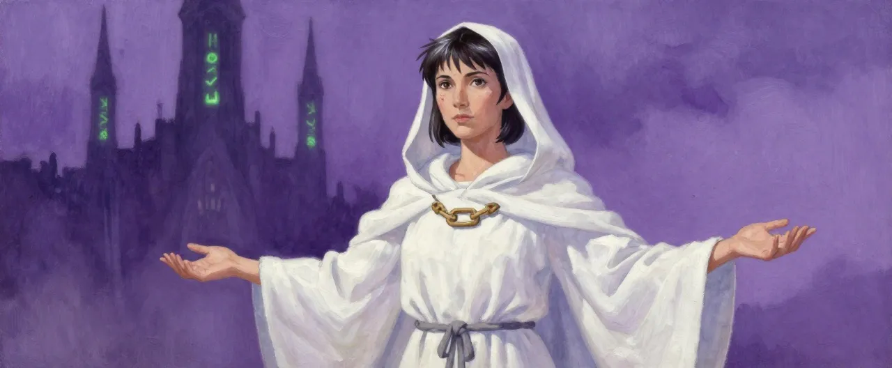 A serene woman in her forties wearing flowing white penitent's robes, cinched with a knotted gray cord. Her dark hair is cropped short, streaked with premature silver, and her eyes are steady and kind beneath a faint scar crossing one brow. She wears a simple wooden holy symbol shaped like a whole, unbroken chain. Faint green rune-light from the Bastion's spires glows behind her; her posture is calm amid the prison's gloom, hands open in a gesture of welcome. Watercolor style, muted purples and whites, soft rim lighting from the false purple sky of the Phantom Zone.