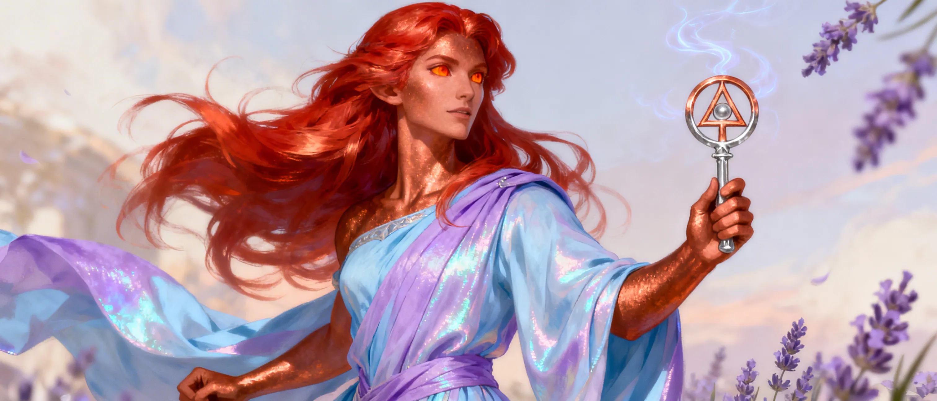 the goddess of creation has long red hair, copper skin, orange eyes, and wears pastel blue and lavender