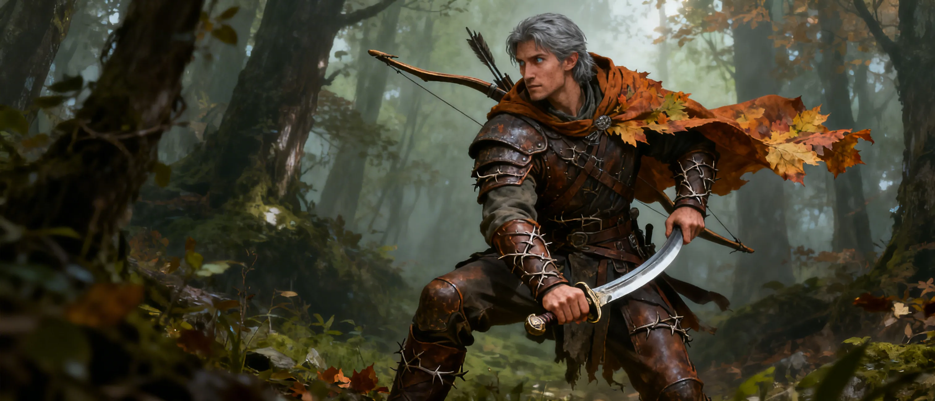 A rugged human ranger stands in a misty forest: weathered leather armor, a longbow slung over the shoulder, a curved saber at the belt, and a cloak the color of autumn leaves. His gray eyes miss nothing, and a subtle thorn motif is etched into his gear, hinting at a personal totem.